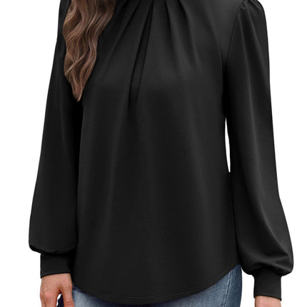 European and American Amazon Cross-Border Autumn and Winter New Long-Sleeved Shirt Small Stand-Up Collar Pleated Front Shirt Casual T-Shirt Top for Women