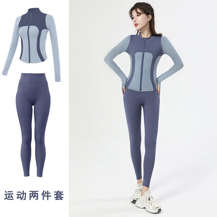 Spring New Outdoor Quick-drying Yoga Clothes suit Women's High Elastic Slim-fit Slimming Contrast Zipper Casual Sports Top