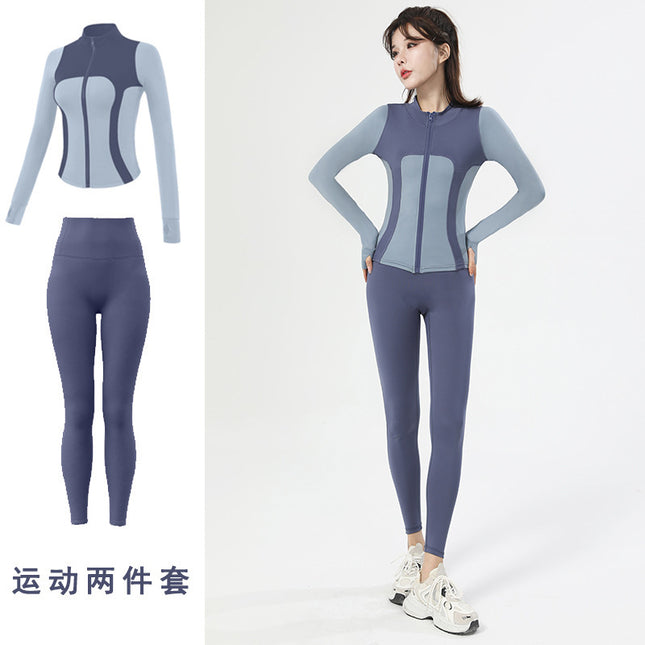 Spring New Outdoor Quick-drying Yoga Clothes suit Women's High Elastic Slim-fit Slimming Contrast Zipper Casual Sports Top