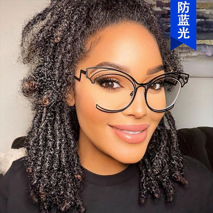 Folding Curved Leg Cat Eye Large Frame Hollow Flat Mirror 2023 New Metal Glasses Frame Ins Concave Shape Anti-Blue Light