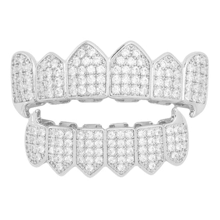 Cross-border 18K electroplated real gold micro-inlaid 4A zircon two-color hip-hop braces for men and women vampire fangs dentures suit