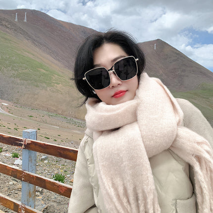 Mohair cold-proof brushed thickened Korean style solid color scarf scarf women's autumn and winter neck protection warm big tassel New