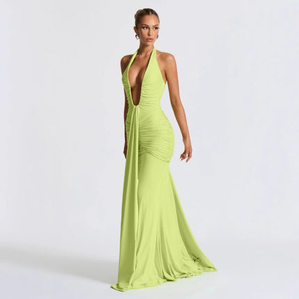 Celebrity Style Cross-Border New Long Dress Solid Color Halterneck Hollow Ribbon Lace-Up Light Luxury High-End Sexy Dress