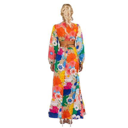 25Th European and American Export Autumn and Winter New Fashion Printed Round Neck Lantern Sleeve Long Waist Dress-23132