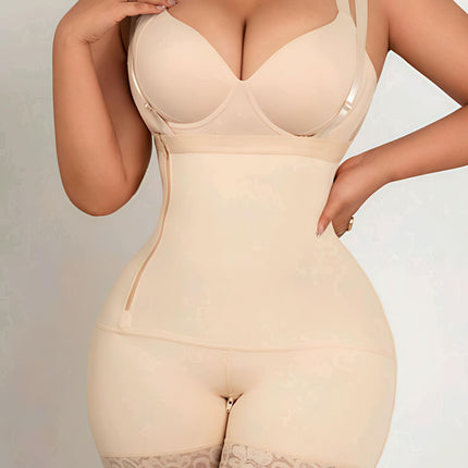 Side Zipper Shapewear Bodysuit with Black Lace Trim, Body Shaping Corset, Hip-Enhancing and Slimming Garment, Butt-Lifting and Waist-Cinching