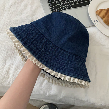 Cute Fisherman Hat Lace Denim Sunscreen Basin Hat Sense Sunshade College Style Face Small Bucket Hat Women