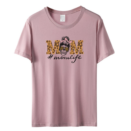 Amazon momlife Skull Leopard Print Sunglasses Mother's Day Gift Letter Print Casual Short Sleeve T-Shirt Women