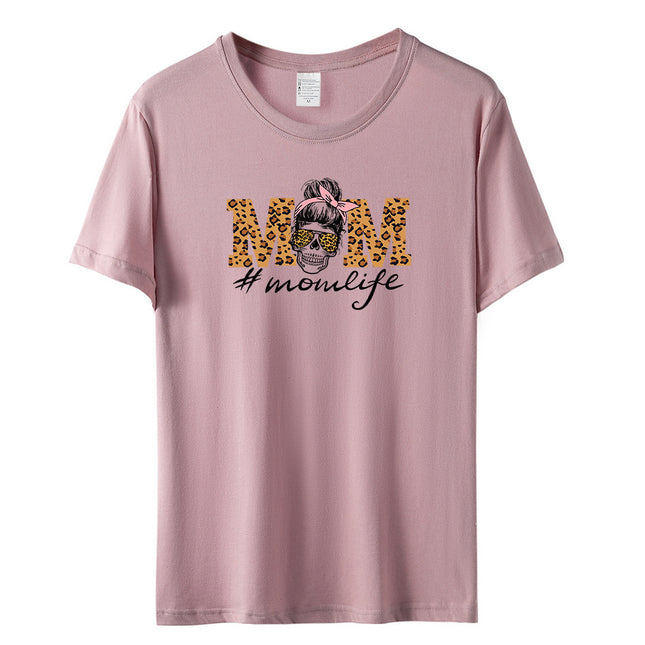 Amazon momlife Skull Leopard Print Sunglasses Mother's Day Gift Letter Print Casual Short Sleeve T-Shirt Women