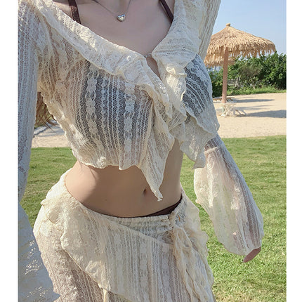 Bikini Swimsuit for Women 2024 New Split Four-Piece Set Lace Long-Sleeved Sexy Slimming Look Hot Spring Seaside Vacation