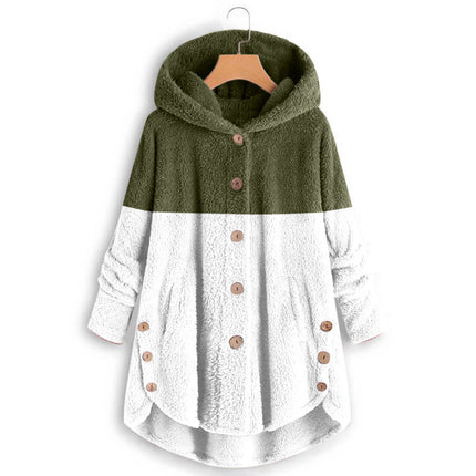 Amazon 2025 Autumn/Winter European and American Style Button-Up Hooded Cat Ear Plush Top Irregular Trendy Patchwork Jacket for Women
