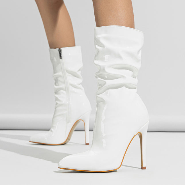 In-Stock European and American Pointed Toe Stiletto Slouch Boots Patent Leather Nude Short High Heel Riding Boots Sizes 35-42