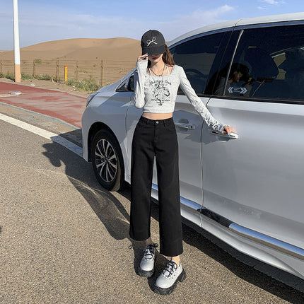 Attention Time Retro High Waist Straight Jeans Women's Autumn and Winter New Slim-fit Cropped Pipe Pants for Small Men