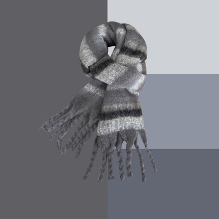 Retro Green Stripesd Scarf for Women Winter 2025 New Korean Style Circle Yarn Scarf Thickeneded Warm Student Shawl