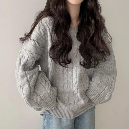 In-Stock Korean Chic Loose Lazy Autumn and Winter Sweater for Women with Cable Knit Design, Simple Thick Knit Top