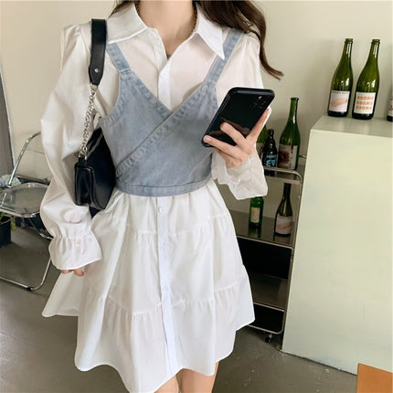 White dress Spring Thin 2025 New Vintage French Style Waist Design Long Sleeve Polo Collar Dress for Women