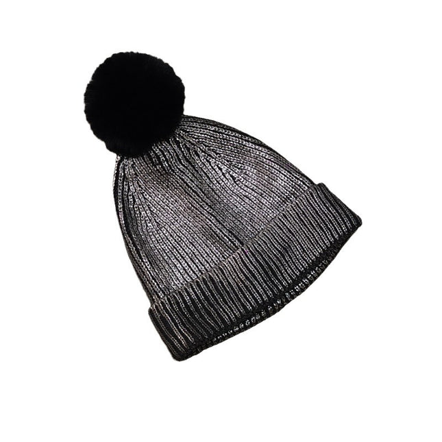 Cross-border laser hat metallic cold hat men and women couple knitted hat hip hop tide hat bronzing silver with fur ball hat