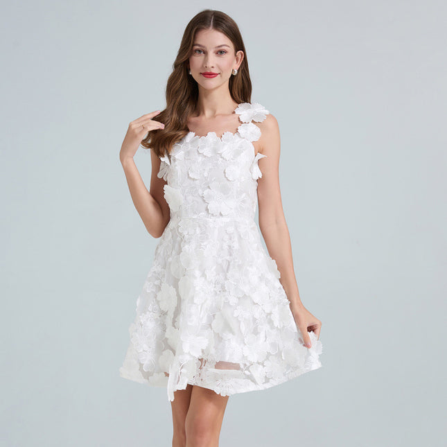 Real Shot of 6 Colors European Heavy Embroidery Floral Slim-Fit Spaghetti Strap Dress Niche Mini Dress