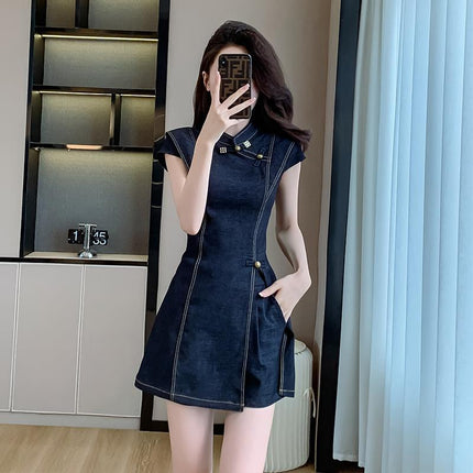 2026 New Chinese-Style Women's Fashion Washed Denim Shorts Set for Petite Women, Retro Button Two-Piece Set