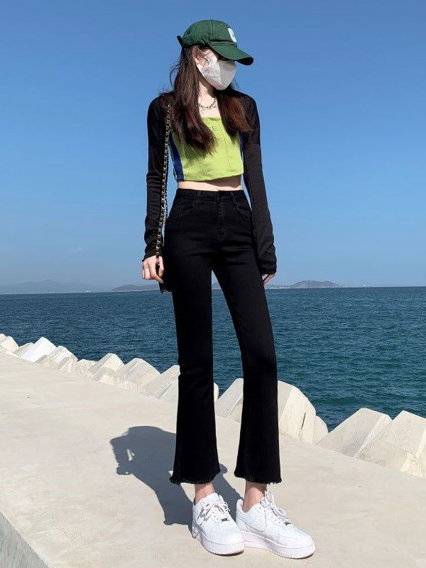 American Style light blue High Waist Micro-Lar Jeans Women's Summer 2025 New Style Small Nine-point Slim Fit Horn Pants