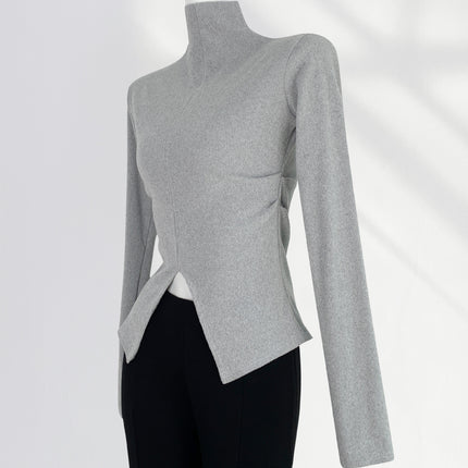 Super Slimming tight waist slimming half turtleneck long sleeve T-shirt hot girl top split brushed pit bottoming shirt for women