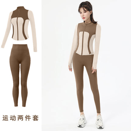 Spring New Outdoor Quick-drying Yoga Clothes suit Women's High Elastic Slim-fit Slimming Contrast Zipper Casual Sports Top