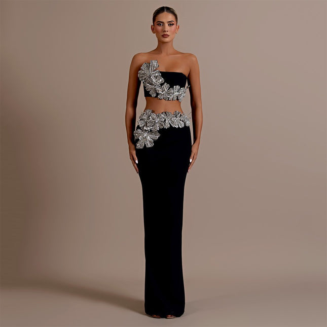 2025 European and American New Design Flower Diamond Bandage Set Sexy Tube Top Long Skirt Two-Piece Set