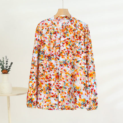 Middle-Aged and Elderly Women's Summer Thin Cardigan Mother's Wear Cotton Silk Long-Sleeved Loose Large Size Artificial Cotton Shirt Pajama Top