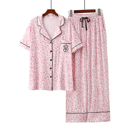 Cross-border Foreign Trade Leopard Print Modal Cardigan Lapel Short-sleeved Trousers Women's Thin Pajamas Home Clothes suit
