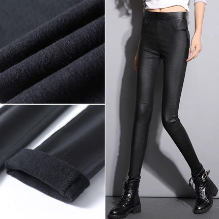 Windproof Leather Pants for Women 2025 Autumn and Winter New Style Fleece-Lined Thickeneded High-Waist Coated Leggings for Women to Wear Slimming Look Pants