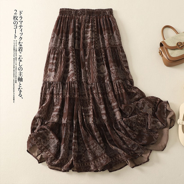 Real Shot of 2025 Summer New Products, Loose, Artistic, Ethnic Style, Floral Elastic Waist Cake Skirt, Casual and Versatile