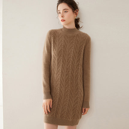 Fashionable New Style Half-High Collar Cable-Knit Cashmere Dress for Women, Plus Size, Autumn and Winter New Mid-Length Sweater Dress