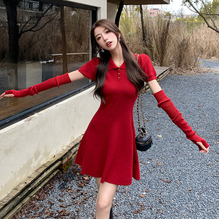 Foreign Trade Women's Clothing Real Shot New Year Red Knitted Slim Fit dress Women's Autumn and Winter Removable Sleeve Short Skirt Small Body
