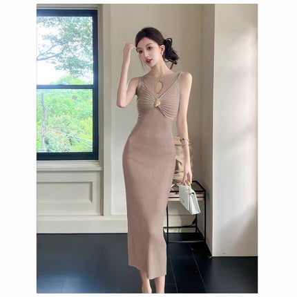 Pure Lust Style Twisted Hollow Sleeveless Vest Dress for Women Summer Waist Knitted Skirt to Show Figure and Hip Long Skirt for Women