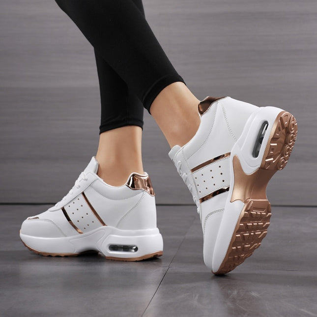 Women's Height-Increasing Sneakers for Foreign Trade, 2025 Spring and Autumn New Style, Leather Thick-Soled White Shoes, Large Size Color-Blocking Dad Shoes