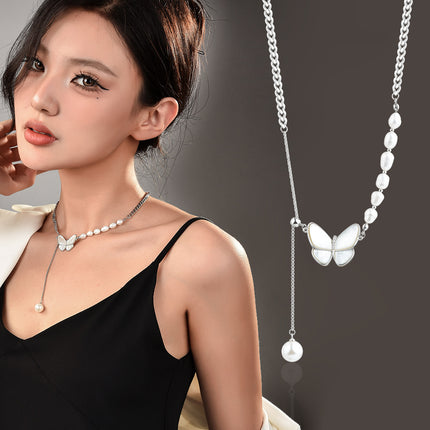 Direct selling Pearl Butterfly Necklace Women's Light Luxury Niche Design Stitching Strange Pearl Clavicle Chain Necklace Chain Woolen Chain