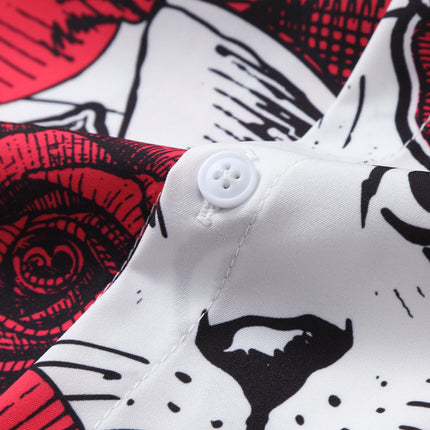 Foreign Trade Men's Short-sleeved Shirt Red Rose White Cat Print Middle East Retro Summer 2025 New Cross-border