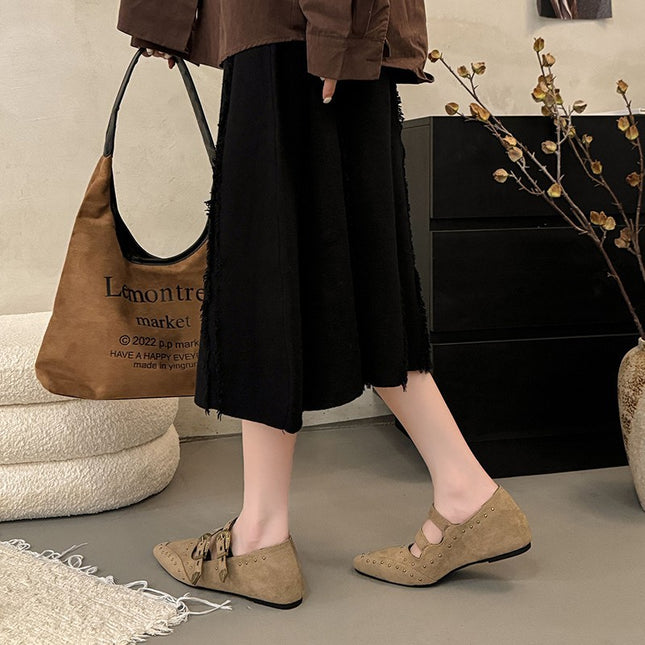 Retro Fashion Pointed Toe Brown Shoes for Women 2025 Autum New Versatile Rivet Flats Shallow Mouth Mary Jane Shoes
