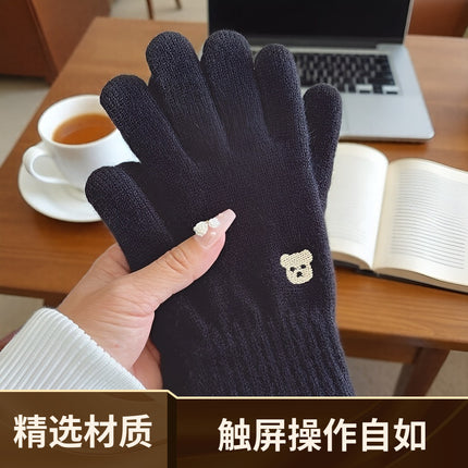 Warm Gloves for Women in Autumn and Winter to Prevent Cold and Keep Students Warm, Cute Bear Wool Knitted Touch Screen Fingers
