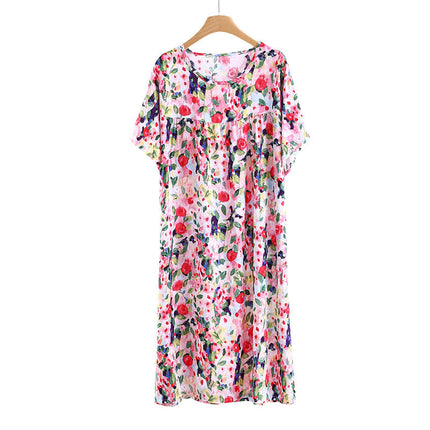 Cotton Silk Nightdress Women's Short-sleeved Artificial Cotton Pajamas Summer Thin Large Size Loose Home Clothes Simple Floral Dress