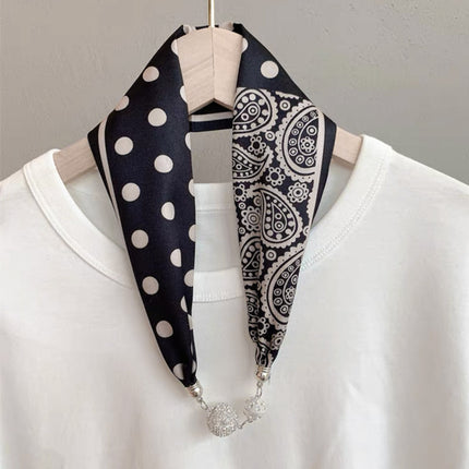 2026 New Magnetic Buckle Small Silk Scarf with Geometric Patterns and Rhinestones, Magnetic Necklace Scarf, Women's Hairband Scarf