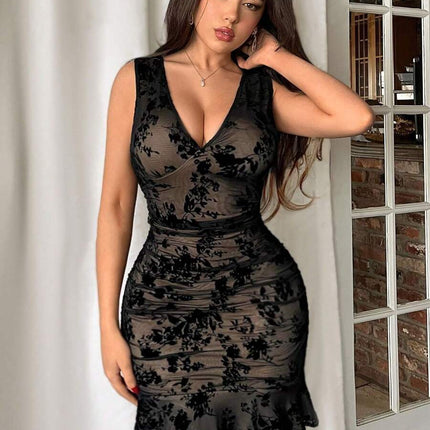 Summer Amazon Women's Elegant Flocked Deep V Neck Sleeveless Mini Dress with Ruffled Hem, Overseas Hot Style