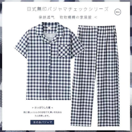 Long-Sleeved Cotton Japanese Pajamas Women's Suit Cotton Plaid Couple Long-Sleeved Home Clothes Men's Summer Thin Suit