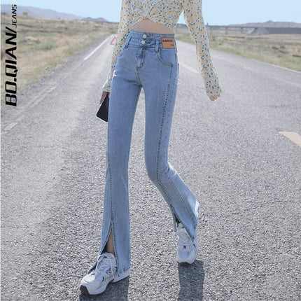 Fleece-Lined Thick Black Flared Jeans with Slits for Women, High-Waisted, Slimming, Autumn and Winter 2025 New Style, Extended Length Pants
