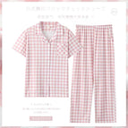Pink checkered women [short-sleeved pants] / L【 50-60kg 】