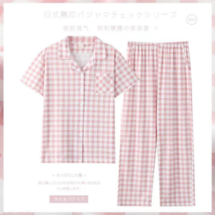Long-Sleeved Cotton Japanese Pajamas Women's Suit Cotton Plaid Couple Long-Sleeved Home Clothes Men's Summer Thin Suit
