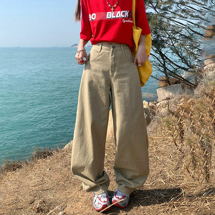 Khaki Loose Wide-Leg Sickle Jeans for Women 2025 Spring and Summer New High-Waisted Straight Draped Versatile Floor-Length Pants