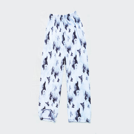 Foreign Trade Plus Size Middle-aged and Elderly Summer Thin Breathable Nine-point Flower Pants Mom Pants Ice Silk Loose Straight Pants