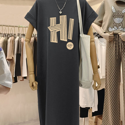 plus size Short-sleeved Cotton Mid-length Dress Women's 2025 Summer New All-match Loose Long Dress Flying Sleeve Split dress