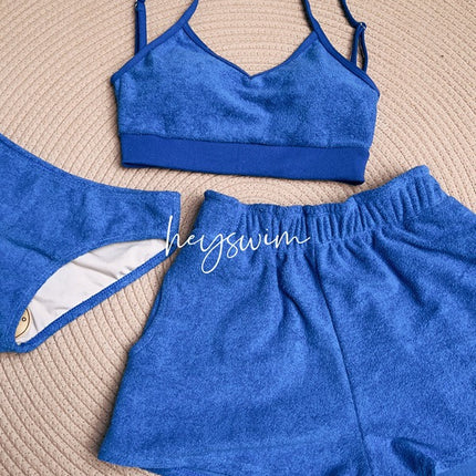 South Korea ins new solid color towel fabric camisole elastic waist loose shorts women's split swimsuit