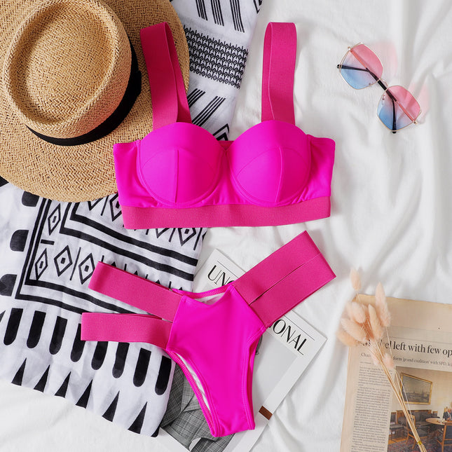 2021 summer new wish Amazon steel belt bikini European and American solid color board with multicolor split bikini